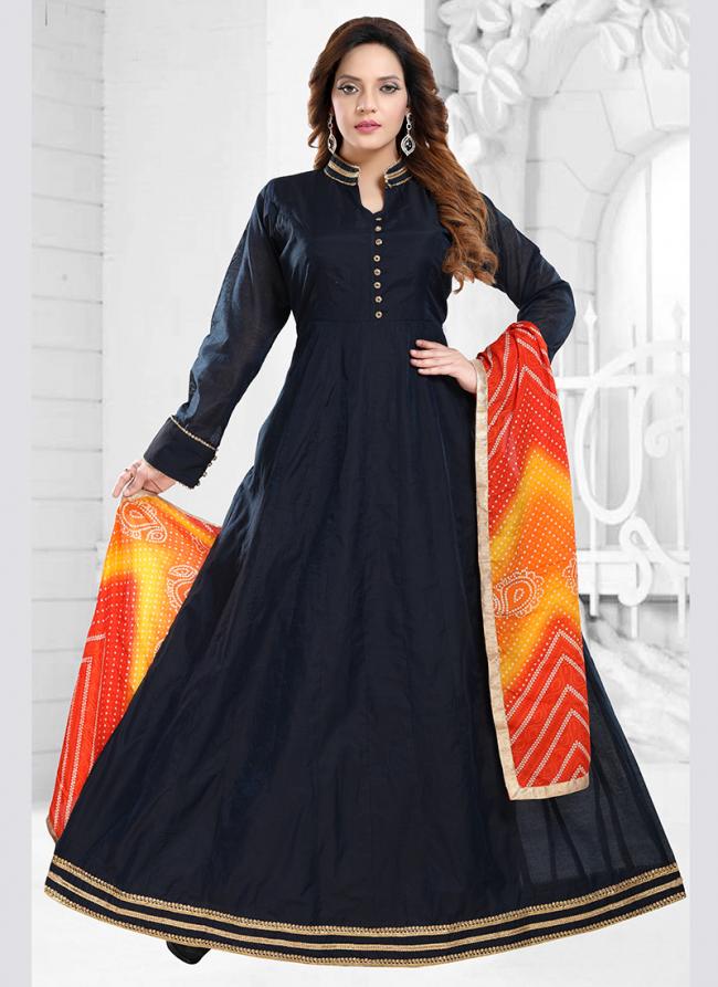 Navy blue Chanderi silk Traditional Wear Lace Work Gown